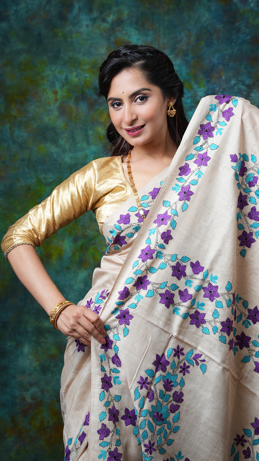 A tassar kantha saree in natural colour