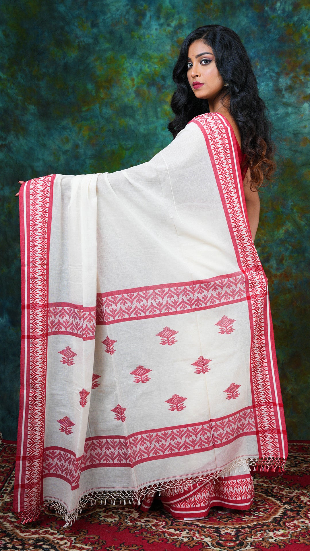 A off white red tangail saree