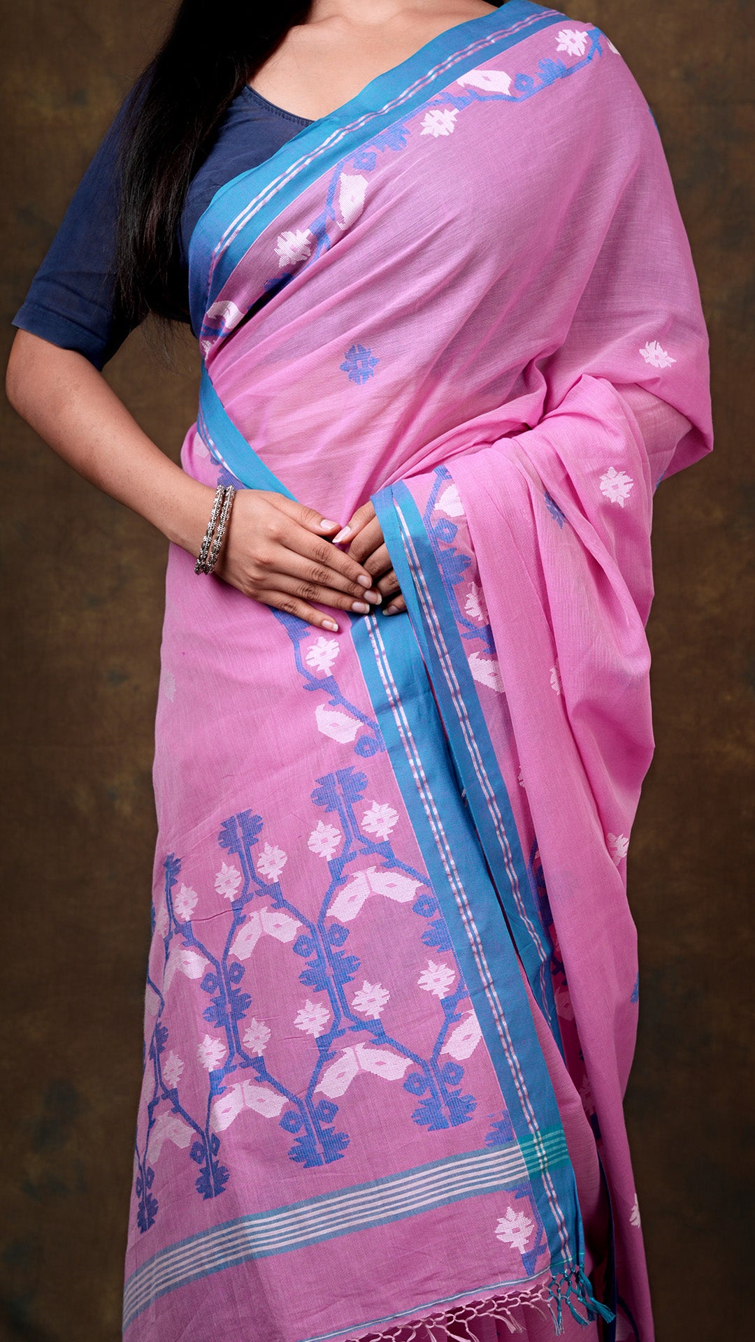 Pink with blue dhakai weave