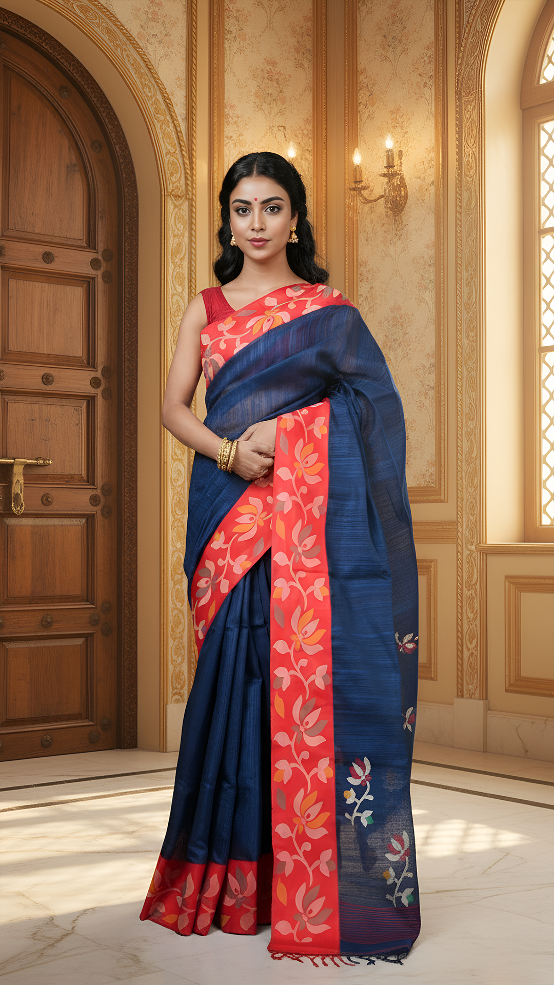 Deep blue raw silk saree with red silk border featuring beige, mustard, red and green woven pallu. Includes 0.8m running blouse piece. 5.5 meter tant dhakai weave