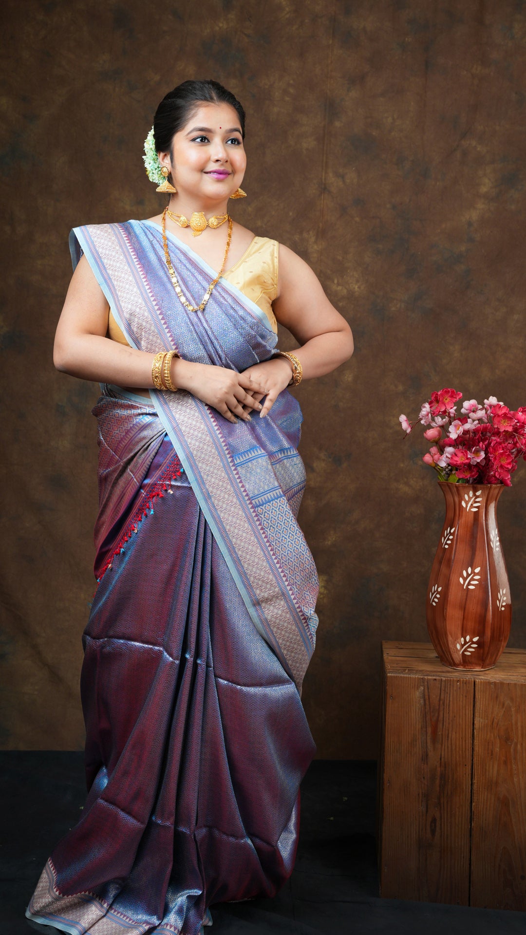 A blue tissue silk saree - A golden zari woven blue silk saree with off-white border and full zari body. This stunning Tissue silk saree, Tangail saree is ideal for weddings and festivals.