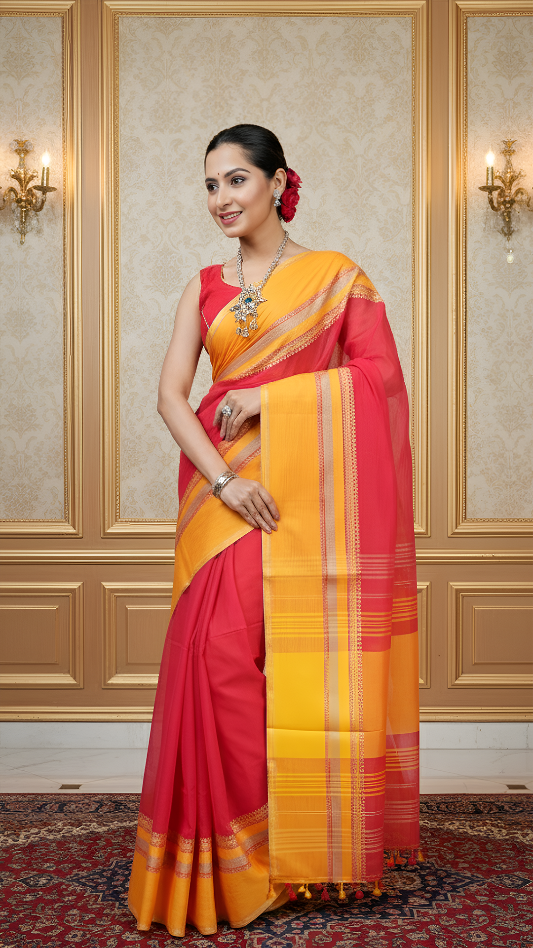 Red soft cotton tangail saree with flat yellow and beige border, no butis. Perfect for regular ethnic use or puja.