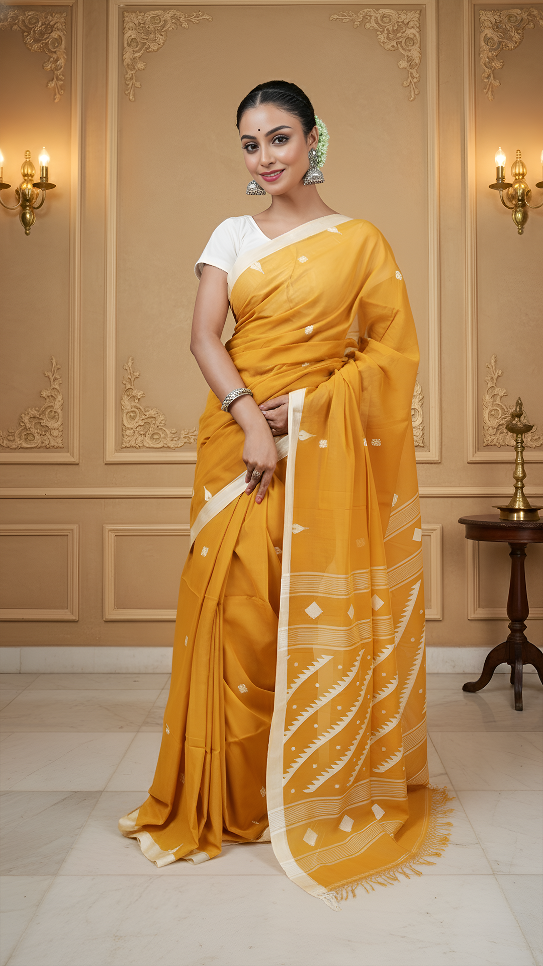 Mustard soft cotton dhakai saree with white woven border, butis, and pallu. Ideal for office or traditional events