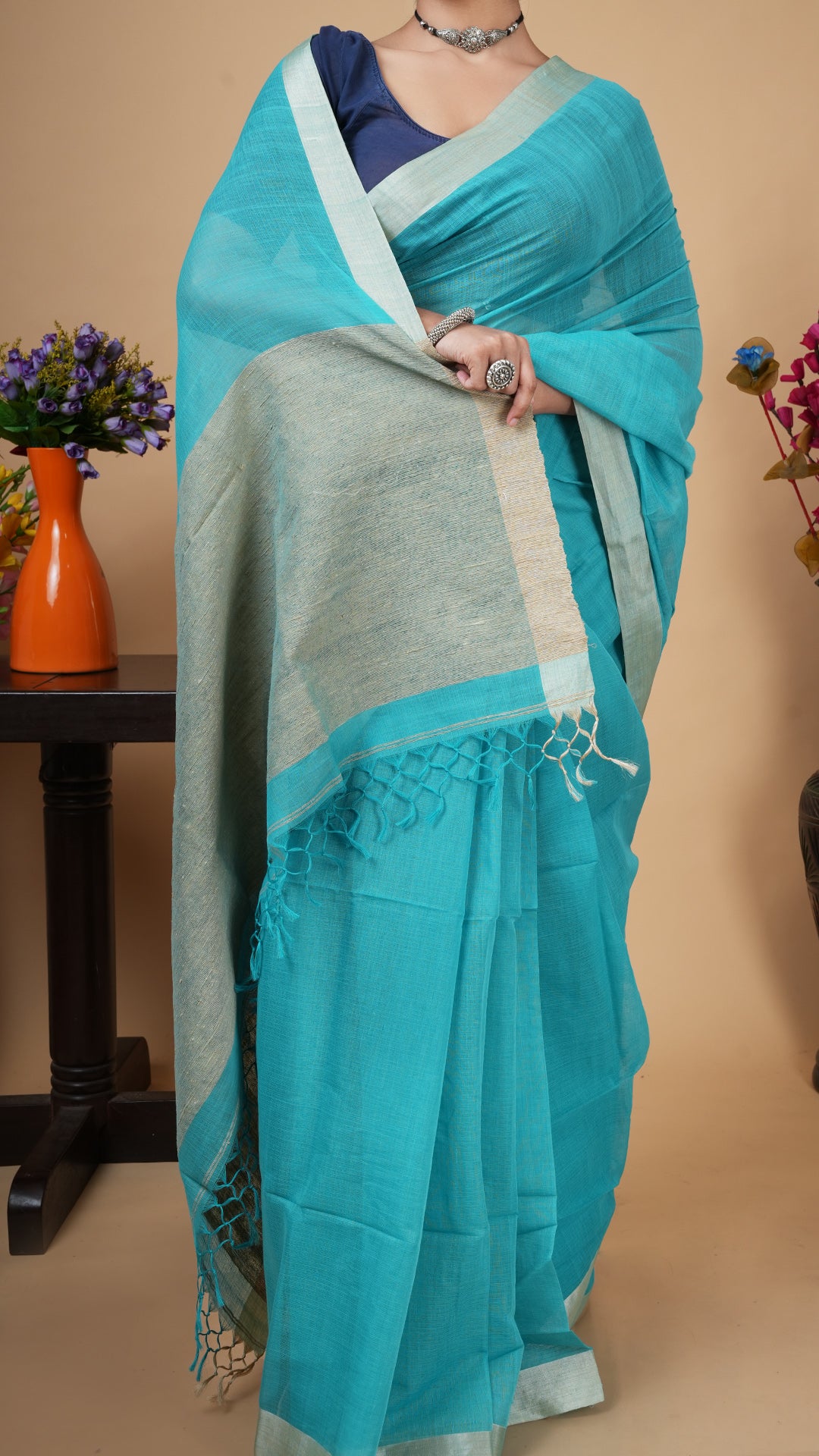 A sea green tangail saree