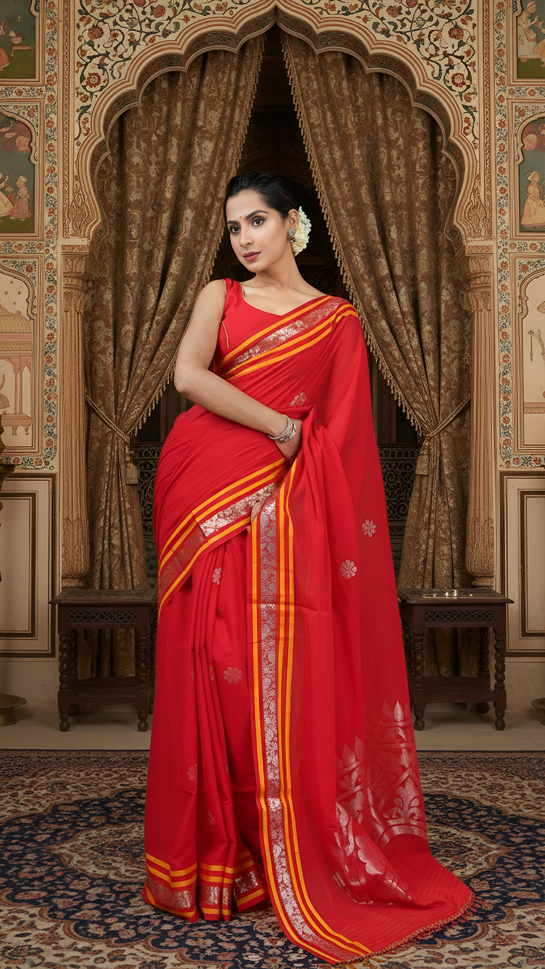 Red soft cotton tangail saree with gold woven border, yellow stripes and golden zari butis and pallu. Ideal wedding saree.
