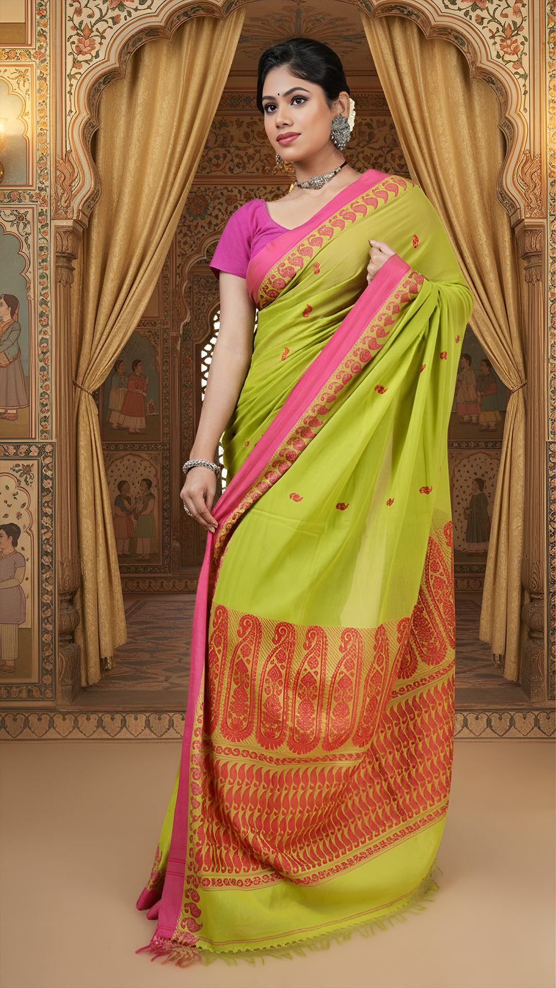 Green tangail soft cotton saree with pink woven border, butis and pallu. Suitable for office, daily wear or puja.